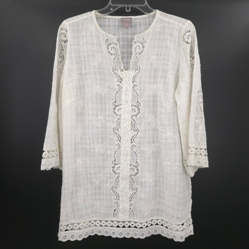 Chico's Tunic Top Women Size 0 (S) White Lace Embroidered 3/4 Sleeve Cotton Boho